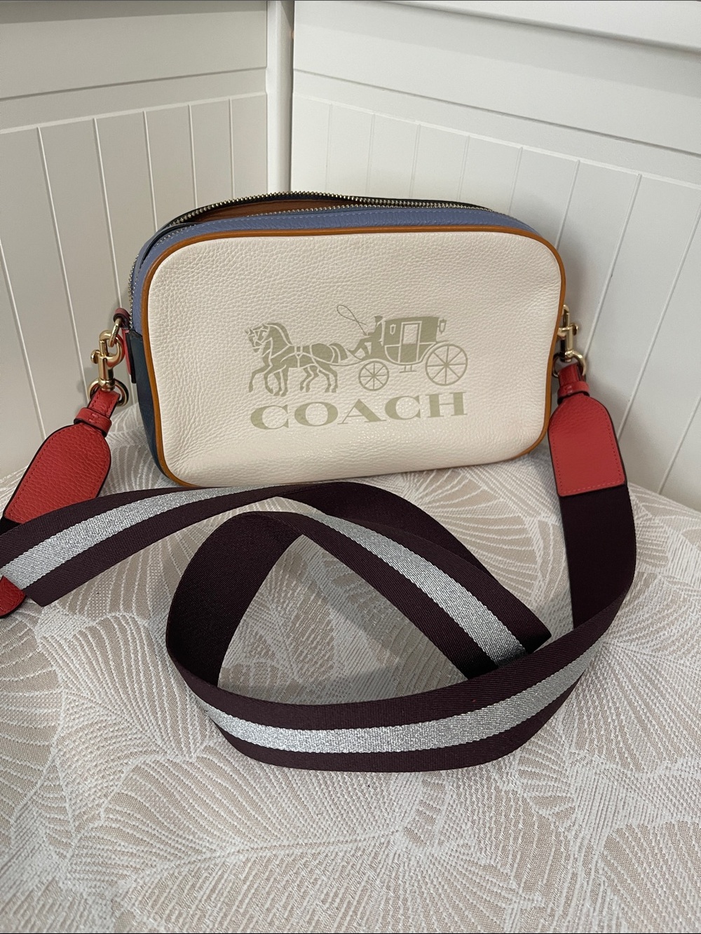 COACH Cream Leather Crossbody with Red Strap and Navy Trim